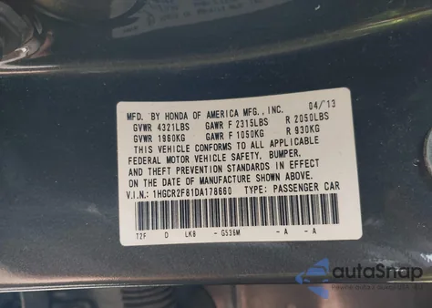 2013 Honda Accord Ex-L z USA, uszkodzony, nr VIN 1HGCR2F81DA178660